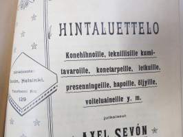 Hintaluettelo Axel Sevónilta konehihnoille, teknisille kumitavaroille, konetarpeille,letkuille... 1898 -tuoteluettelo, tämä kappale "Kymmene Aktiebolag" nimetty