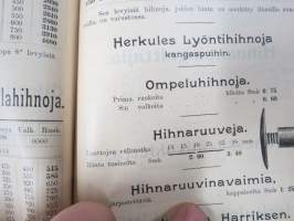Hintaluettelo Axel Sevónilta konehihnoille, teknisille kumitavaroille, konetarpeille,letkuille... 1898 -tuoteluettelo, tämä kappale "Kymmene Aktiebolag" nimetty