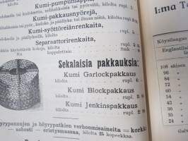 Hintaluettelo Axel Sevónilta konehihnoille, teknisille kumitavaroille, konetarpeille,letkuille... 1898 -tuoteluettelo, tämä kappale "Kymmene Aktiebolag" nimetty