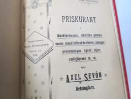 Hintaluettelo Axel Sevónilta konehihnoille, teknisille kumitavaroille, konetarpeille,letkuille... 1898 -tuoteluettelo, tämä kappale "Kymmene Aktiebolag" nimetty