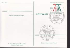 2 kpl erikois/ensipäivä(leima)kortti – Saksa 21.5.1971.  – 500 Gebursttag Albrecht Dürers. Ensipäiväleimalla ja ilman.