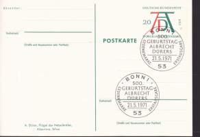 2 kpl erikois/ensipäivä(leima)kortti – Saksa 21.5.1971.  – 500 Gebursttag Albrecht Dürers. Ensipäiväleimalla ja ilman.