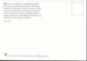 FDC/Maksimikortti – USA 23.1.1986.  – Stamp Collecting/ Franklin D. Roosevelt -kortti. Postimerkkeily.