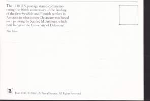 FDC/Maksimikortti – USA 23.1.1986.  – Stamp Collecting/ Maahanmuuttajat Ruotsista ja Suomesta Delawareen 300-v -kortti. Postimerkkeily.