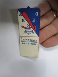 Derby Solmiot - Lameri Oy -hintalappu / tuotetietolappu, merkin valmistaja Herman Mattsson Korkokuvapaino &amp; Pussitehdas, Vaasa