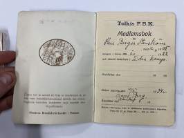 Tolkis FBK Medlemsbok Birger Stenström, boken utgiven 1934 -Tolkkinen Vapaapalokunta, jäsenkirja