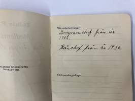 Tolkis FBK Medlemsbok Birger Stenström, boken utgiven 1934 -Tolkkinen Vapaapalokunta, jäsenkirja