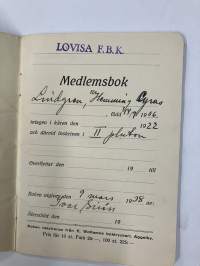 Lovisa FBK Medlemsbok Hemming Cyrus Lindgren, boken utgiven 1938 -Loviisa Vapaapalokunta, jäsenkirja