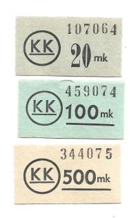 KK Kulutuskuntien Osuusliike  20,100 ja 500 mk  tilapäinen maksuväline 3 eril