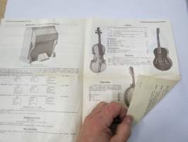 Fazerin Musiikkikauppa - lyhytluettelo; Pienoispiano, Kangasala-Fazer urkuharmoonit, Viulut, Kanteleet, Banjot, His Masters Voice matkagramofoneja, HB-Harmonikkoja