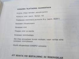 Sampo 10, 20, 30 (Rosenlew) ajopuimurit -varaosaluettelo, sisältää sähkökaaviot, hihnakaaviot