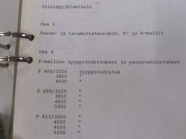 Volvo kuorma-autojen tekniset tiedot -kansio, sisältää myös tyyppikatsastustodistuksia, huoltotiedotuksia ym. ison määrän