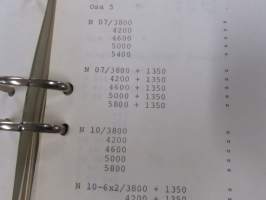 Volvo kuorma-autojen tekniset tiedot -kansio, sisältää myös tyyppikatsastustodistuksia, huoltotiedotuksia ym. ison määrän