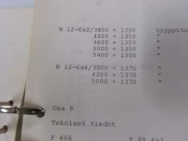 Volvo kuorma-autojen tekniset tiedot -kansio, sisältää myös tyyppikatsastustodistuksia, huoltotiedotuksia ym. ison määrän