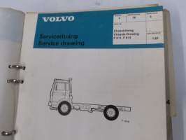 Volvo kuorma-autojen tekniset tiedot -kansio, sisältää myös tyyppikatsastustodistuksia, huoltotiedotuksia ym. ison määrän