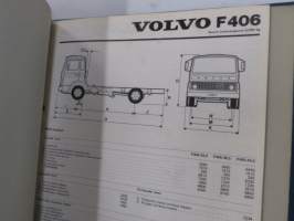 Volvo kuorma-autojen tekniset tiedot -kansio, sisältää myös tyyppikatsastustodistuksia, huoltotiedotuksia ym. ison määrän