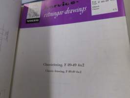 Volvo kuorma-autojen tekniset tiedot -kansio, sisältää myös tyyppikatsastustodistuksia, huoltotiedotuksia ym. ison määrän