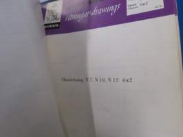 Volvo kuorma-autojen tekniset tiedot -kansio, sisältää myös tyyppikatsastustodistuksia, huoltotiedotuksia ym. ison määrän
