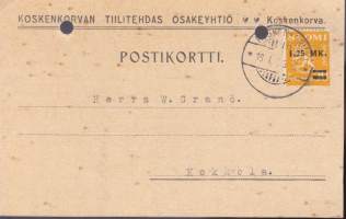 Suomi- Postikortti/Firmakortti Koskenkorvan tiilitehdas Osakeyhtiö,  16.1.1933 Koskenkorva. Merkki 1,25 mk lisäpainama tyyppi 1.