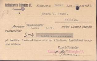 Suomi- Postikortti/Firmakortti Koskenkorvan tiilitehdas Osakeyhtiö,  16.1.1933 Koskenkorva. Merkki 1,25 mk lisäpainama tyyppi 1.