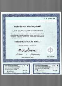 Etelä-Savon Osuuspankki   Joukkovelkakirjalaina 1992 II   10 000 mk  Mikkeli  27.4.1992,   specimen   joukkovelkakirjalaina
