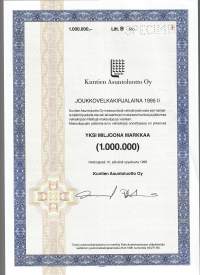 Kuntien Asuntoluotto Oy Joukkovelkakirjalaina 1995 II,  1 000  000 mk  Helsinki 15.9.1995  specimen - joukkovelkakirjalaina