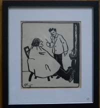 Alexander Paischeff, "Parturissa "   tussipiirros  sign AP-15 ,43x38 cm kehystetty Pilalehti Ampiaisen alkuperäispiirros