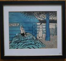 Alexander Paischeff, "Kaupunkilaispoika "   väritetty tussipiirros  sign AP-15,  43x38 cm kehystetty  Ampiaisen alkuperäispiirros