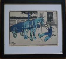 Alexander Paischeff, "Hevonen ja pastori  "   väritetty tussipiirros  sign AP-15,  43x38 cm kehystetty  Ampiaisen alkuperäispiirros