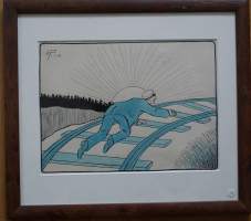 Alexander Paischeff, "Pitkät tikapuut "   väritetty tussipiirros  sign AP-15,  43x38 cm kehystetty  Ampiaisen alkuperäispiirros