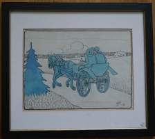 Alexander Paischeff, "Viina kääryt ja hevonen"   väritetty tussipiirros  sign AP-14,  43x38 cm kehystetty  Ampiaisen alkuperäispiirros