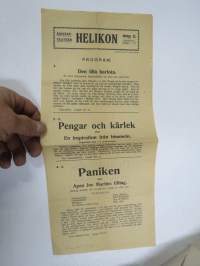 Elävienkuvienteatteri Helikon, Hanko -mainos / käsiohjelma, esitys ollut 19.11.1916; Pikku paljasjalkainen 215 metriä Kalemfilmi / Raha ja rakkaus 600 metriä...