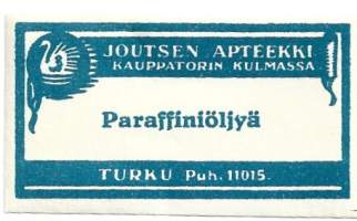 Eetteriä ja tärpättiä - Joutsen Apteekki Turku / A J Molin    lääke-etiketti, apteekkietiketti, tuote-etiketti, etiketti