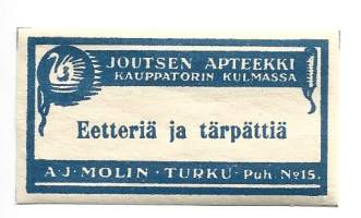 Eetteriä ja tärpättiä - Joutsen Apteekki Turku / A J Molin    lääke-etiketti, apteekkietiketti, tuote-etiketti, etiketti