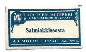 Salmiakkiseosta - Joutsen Apteekki Turku / A J Molin    lääke-etiketti, apteekkietiketti, tuote-etiketti, etiketti