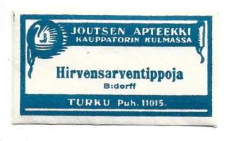 Hirvensarventippoja - Joutsen Apteekki Turku / A J Molin    lääke-etiketti, apteekkietiketti, tuote-etiketti, etiketti