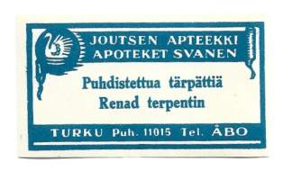 Puhdistettua tärpättiä - Joutsen Apteekki Turku / A J Molin    lääke-etiketti, apteekkietiketti, tuote-etiketti, etiketti