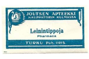 Leininintippoja - Joutsen Apteekki Turku / A J Molin    lääke-etiketti, apteekkietiketti, tuote-etiketti, etiketti