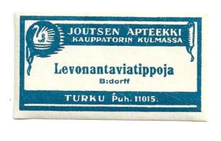 Levonantaviatippoja - Joutsen Apteekki Turku / A J Molin    lääke-etiketti, apteekkietiketti, tuote-etiketti, etiketti