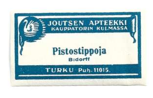 Pistostippoja   - Joutsen Apteekki Turku     lääke-etiketti, apteekkietiketti, tuote-etiketti, etiketti