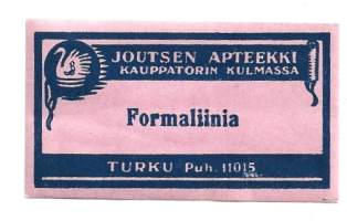 Formaliinia  - Joutsen Apteekki Turku     lääke-etiketti, apteekkietiketti, tuote-etiketti, etiketti