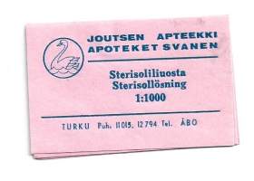 Sterisoliliuosta- Joutsen Apteekki Turku     lääke-etiketti, apteekkietiketti, tuote-etiketti, etiketti