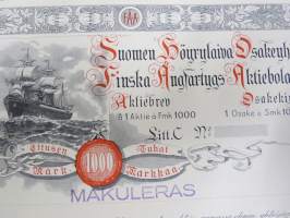 Suomen Höyrylaiva Osakeyhtiö - Finska Ångfartygs Aktiebolag, Helsinki 1937, 1 osaketta / 1 aktie á 1 000 mk, Litt. C -osakekirja / share certificate