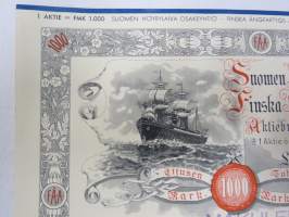 Suomen Höyrylaiva Osakeyhtiö - Finska Ångfartygs Aktiebolag, Helsinki 1937, 1 osaketta / 1 aktie á 1 000 mk, Litt. C -osakekirja / share certificate