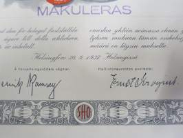 Suomen Höyrylaiva Osakeyhtiö - Finska Ångfartygs Aktiebolag, Helsinki 1937, 1 osaketta / 1 aktie á 1 000 mk, Litt. C -osakekirja / share certificate