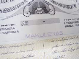 Suomen Gummitehdas Osakeyhtiö (Nokia) osakekirja - aktiebrev 5 osaketta á 200 Smk - å 5 aktier á 200 Fmk, 5 000 mk, Helsinki 1935, blanco, makuleras -merkitty