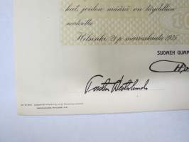 Suomen Gummitehdas Osakeyhtiö (Nokia) osakekirja - aktiebrev 5 osaketta á 200 Smk - å 5 aktier á 200 Fmk, 5 000 mk, Helsinki 1935, blanco, makuleras -merkitty