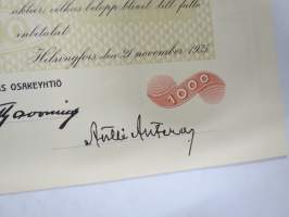 Suomen Gummitehdas Osakeyhtiö (Nokia) osakekirja - aktiebrev 5 osaketta á 200 Smk - å 5 aktier á 200 Fmk, 5 000 mk, Helsinki 1935, blanco, makuleras -merkitty