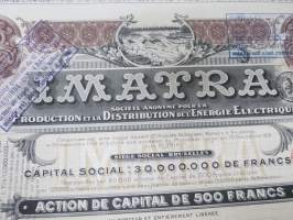 Imatra Sociéte Anonyme pour la Production et la Distribution de lÉnergie Electrique - Action ordinarie, nr 026036 -osakekirja / share certificate