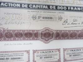 Imatra Sociéte Anonyme pour la Production et la Distribution de lÉnergie Electrique - Action ordinarie, nr 026036 -osakekirja / share certificate